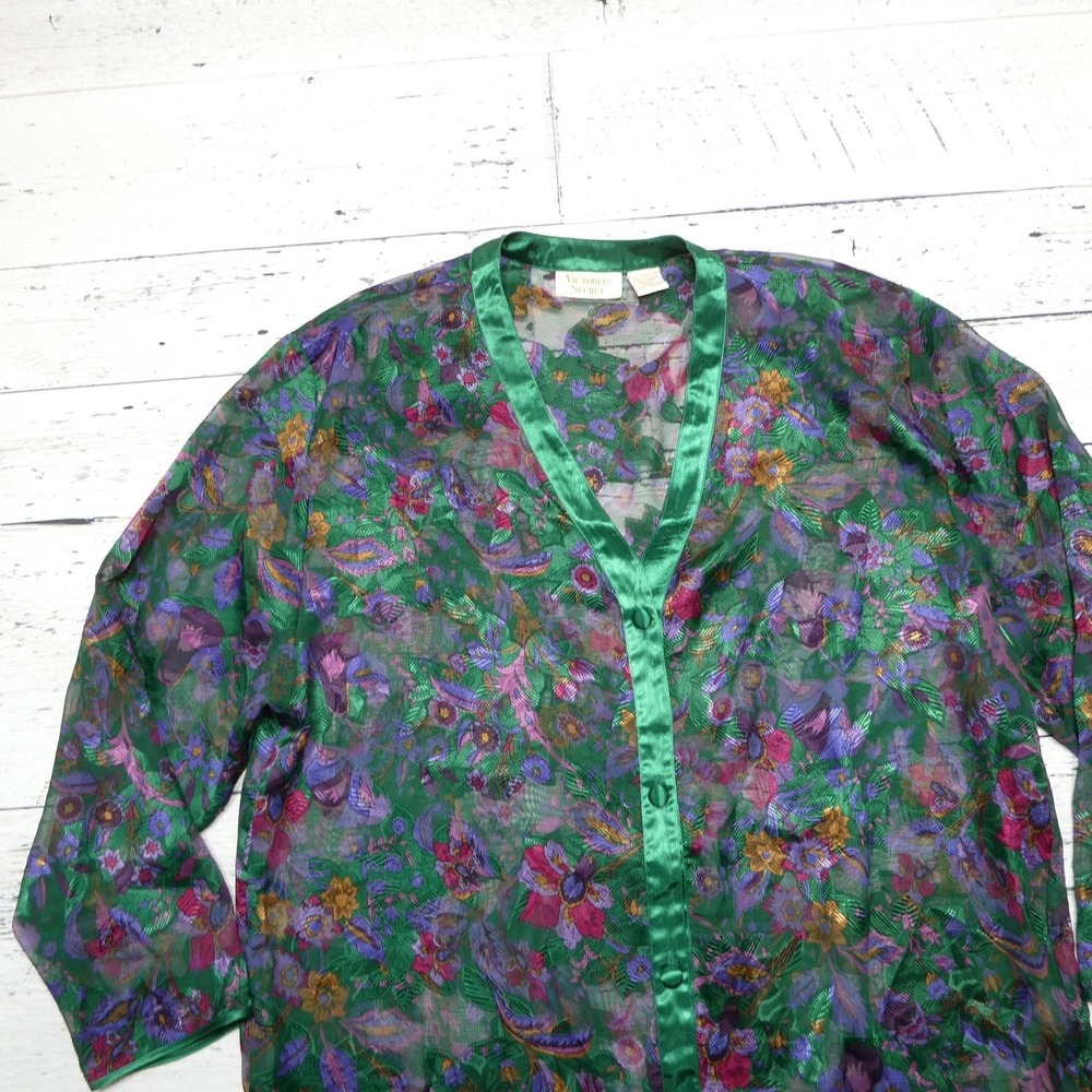 Vintage Victoria's Secret Robe Womens M/L Green Floral Chiffon Kimono Sheer - Picture 2 of 10